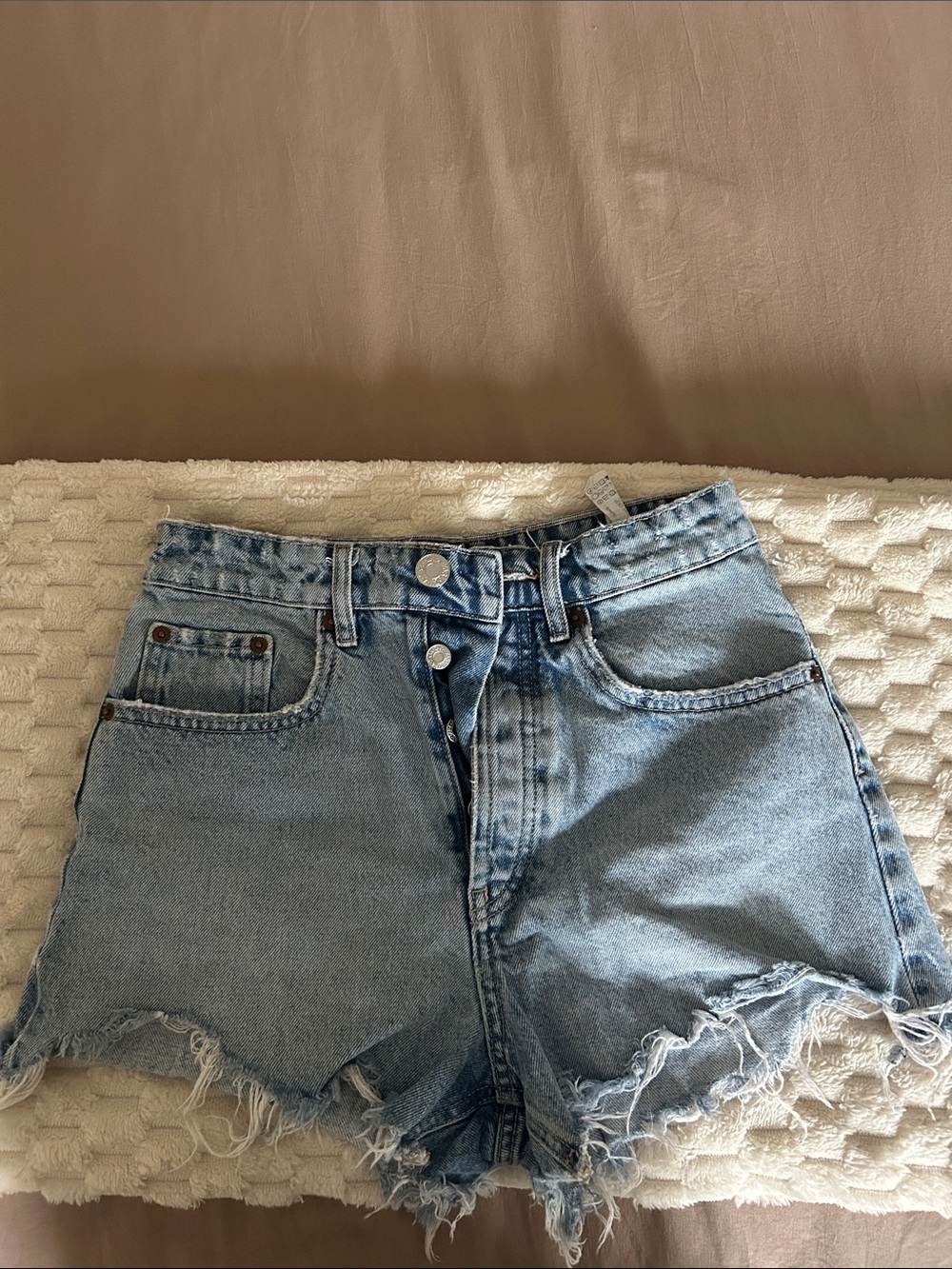 Zara Light Blue High-Rise Distressed Denim Shorts